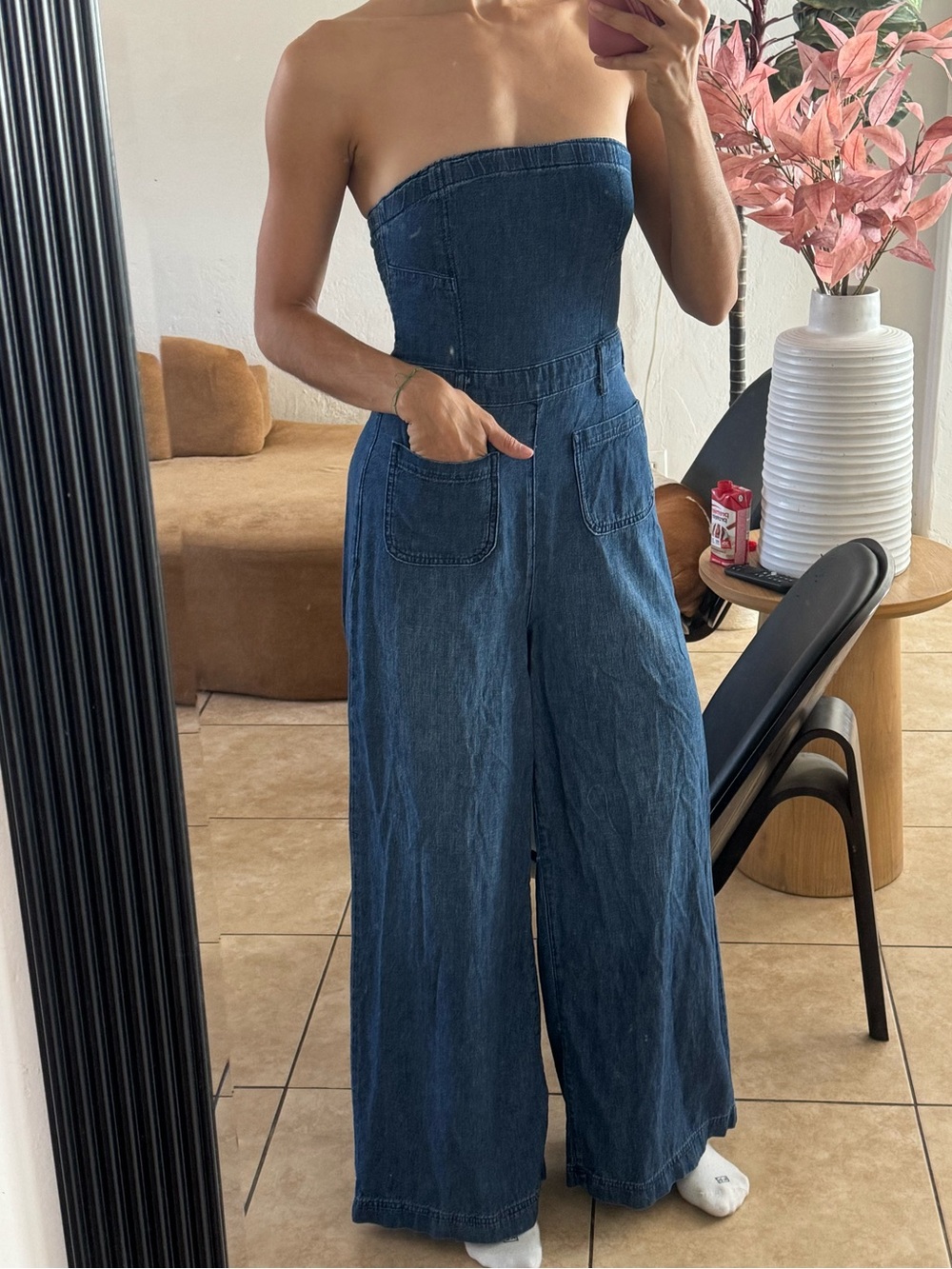 Anthropologie Dark Blue Strapless Wide-Leg Denim Jumpsuit